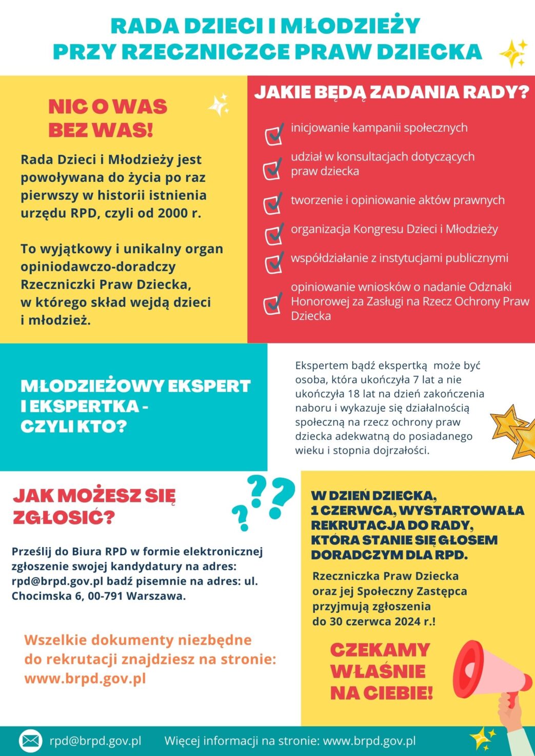 Plakat nabór do Rady Dzieci i Młodzieży Nabór do 30 czerwca 2024 r